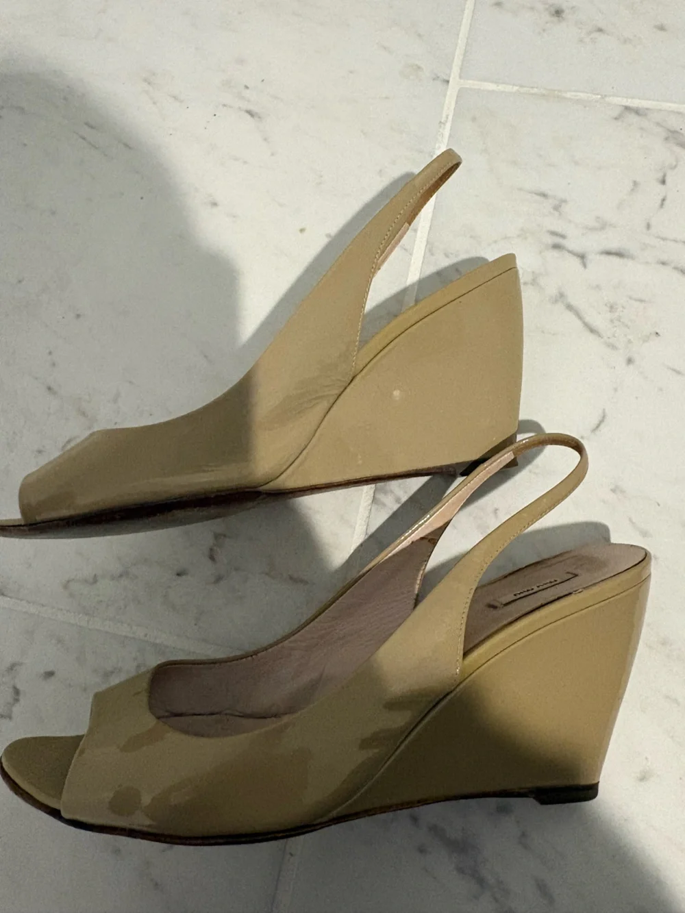 Miu Miu Tan Beige Peep Toe Wedge Slingback Heels